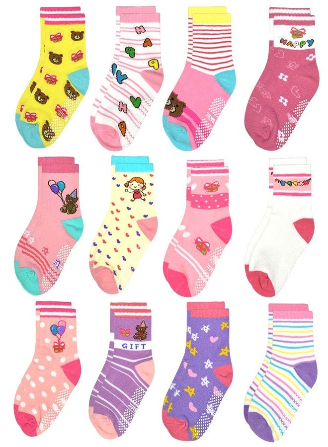 Tphon Toddler Boy Socks with Grips 12 Pairs Kids Anti Slip Cotton Crew Socks for Boys, Girls 5-7 Years - Image 1
